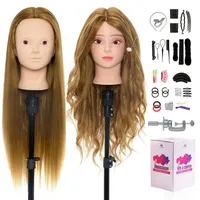 NEVERLAND 24 Zoll 50% Echthaar Frisierkopf Trainingsköpfe für Friseure Übungskopf Friseurkopf Friseursalon Puppenkopf Friseur Mannequin kopf mit Tischhalter + Haar Styling Braid Set