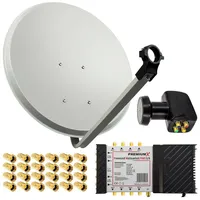 PremiumX Satelliten-Komplettanlage 80cm Satellitenschüssel Stahl Hellgrau Multischalter 5/8 Quattro