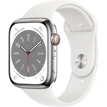 Apple Watch Series 8 GPS + Cellular 45 mm Edelstahlgehäuse silber, Sportarmband weiß