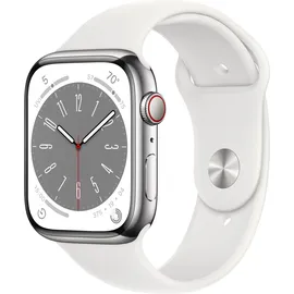 Apple Watch Series 8 GPS + Cellular 45 mm Edelstahlgehäuse silber, Sportarmband weiß
