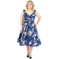 Miss Lavish London Frauen Plus Größe Kleider Retro Swing Blumen Rockabilly 40s und 50er Jahre Vintage Brautjungfer Kleid [BLUMEN-MARINE-52] - 52