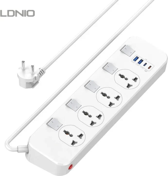 LDNIO Universal-Steckdosenleiste mit unabhängiger Schalterfunktion, 4 universelle Steckdosen, 2 x USB-A, 1 x Typ-C, 1 x 20 W USB-C PD (5 V 3 A 20 W), 5 unabhängige Sicherheitsschalter, 6,5 ft Stromkabel, mit Überspannungsschutz, EU- & US-Steckdosenleiste