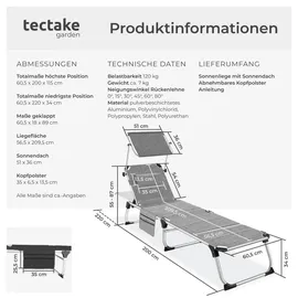 Tectake Lorella Sonnenliege 200 x 61 x 115 cm Grau