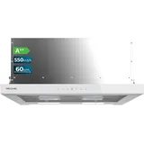 Cecotec Teleskop-Dunstabzugshaube 60cm Flux TLT 605500 White Black A++. Motor 70W, Niedriger Energieverbrauch, Front aus schwarzem Glas, Absaugung 550m3/h, Touch- und Gestensteuerung, Aktivkohlefilter