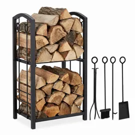 Relaxdays Kaminholzregal Metall 46 x 30 x 73 cm mit Besteck Schwarz