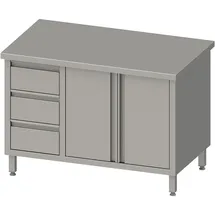 Stalgast Arbeitsschrank mit Flügeltüren, 1500x600x850 mm, mit 3er Schubladenblock links, ohne Aufkantung, verschweißt