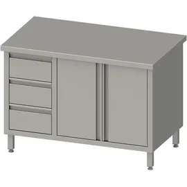 Stalgast Arbeitsschrank mit Flügeltüren, 1500x600x850 mm, mit 3er Schubladenblock links, ohne Aufkantung, verschweißt