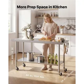 Vevor Edelstahltisch Gastro 1524 x 610 x 894 mm, Verstellbarer Edelstahltisch mit Rollen, Aufkantung (30 mm), Arbeitstisch mit Grundboden für Restaurant Obere Ablage (254 kg) Untere Ablage (209 kg)