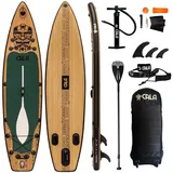 CALA SUP-Board KANALOA, robustes SUP- Board, aufblasbar, (Komplett-Set, SUP BOARD inkl. Board Bag, Pumpe, Vollcarbon-Paddel, Reparatur Kit), Holzoptik, D-Ringe für Kajaksitz grün