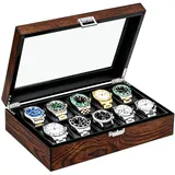 BEWISHOME Uhrenbox SSH10Y Uhrenbox aus Holz mit 10 Schlitzen für Herrenuhren mit Echtglas-Oberseite, Herren-Uhren-Organizer mit abnehmbaren Kissen, glattes PU-Leder innen, Braun