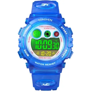 TONSHEN Kinder Outdoor Uhren Sportuhr 50M Wasserdicht Mehrfarbig LED Licht Elektronik Digitaluhr Fashion Junge Mädchen Plastik Armbanduhren Alarm Stoppuhr (Dunkelblau)