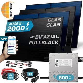 sunniva Balkonkraftwerk Bifazial 2000W inkl. BENY 800W Wechselrichter, 4x 500W Glas-Glas Solarmodule, 5m Kabel