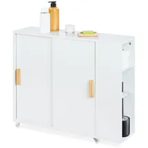 Relaxdays Nischenschrank, 4 Fächer, WC-Bürstenhalter, HxBxT: 62 x 19,5 x 64 cm, Bad, MDF, Bambus, Rollwagen, weiß/natur