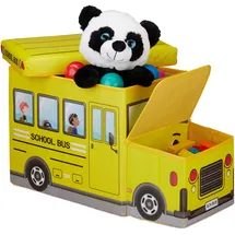 Relaxdays Sitzbox Kinder, Staubox mit Deckel, Spielzeug, faltbar, Schulbus, Stauraum, Jungen & Mädchen, 50 Liter, gelb, School Bus