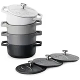 Navaris Mini Cocotte Set - 4x Gusseisen Mini Topf Schwarz Weiß - Optimale Wärme Distribution - Mini Auflaufform mit Deckel - Kleine Dessert Töpfe - Auflaufförmchen backofenfest