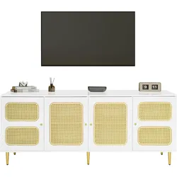 Merax 180cm Weißer Rattan-TV-Schrank - Mit 4 Rattantüren, Höhenverstellbaren Regalen, Für bis zu 80 Zoll Fernseher, TV-Schränke, Lowboards