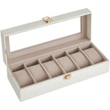 SONGMICS Uhrenbox mit 6 Fächern, Uhrenbox, Schatulle, Deckel aus Glas, abnehmbare Polster, Schloss aus Metall, Beschichtung in Wolkenweiß und Futter in Cappuccino-Beige, JWB006W01