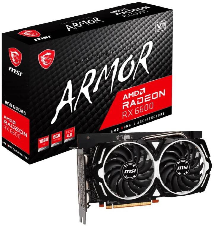 MSI Radeon RX 6600 ARMOR 8G V1 Gaming Grafikkarte - AMD RX 6600, GPU 2044/2491 MHz, 8000MB DDR6 Speicher