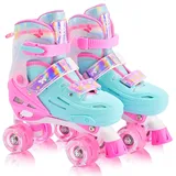 2PM SPORTS Kinder Rollschuhe Verstellbar, Rollschuhe für Mädchen Anfänger 3-12 Jahre, Indoor/Outdoor Rollschuhe mit Rosa-Grün Schmetterling-Design