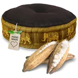 Livasia Meditationskissen mit Thaiseide - Ø 45x15cm - Yogakissen mit Kapok, Pouf, Bodenkissen für Yoga und Zen Meditation, Sitzkissen für Garten und Balkon, Zafukissen (Braun/Gold/Elefanten Seide)