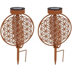 Solarkugel rost für Außen Solarleuchte rost Garten Solarlampe mit Erdspieß, Lichteffekt Muster Lebensblume, 1x LED warmweiß, DxH 20 x 31 cm, 2er Set