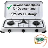 Bluecraft Camping-Gas-Kocher Mobi 3-flammig, weiss mit Gasschlauch und Manometer-Gasregle...