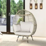 Korbsessel mit Kissen, Gartensessel mit Metallgestell, Rattansessel in Eiform für Wohnzimmer, Garten, max. 205 kg belastbar - Goplus