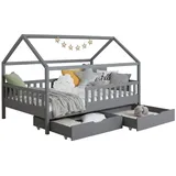 TICAA Kinderbett Hausbett Montessori Kay 90x200, 100x200 cm, 120x200 cm, 140x200 für Jungen & Mädchen mit Schubladen, Rausfallschutz & Rolllattenrost - aus Kiefer Massivholz für Kinderzimmer