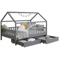 TICAA Kinderbett Hausbett Montessori Kay 90x200, 100x200 cm, 120x200 cm, 140x200 für Jungen & Mädchen mit Schubladen, Rausfallschutz & Rolllattenrost - aus Kiefer Massivholz für Kinderzimmer