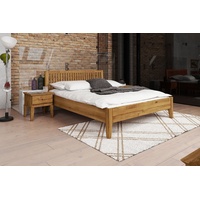 Natur24 Einzelbett Bett Sydo 1 Sonderlänge 90x220 Wildeiche Holzkopfteil und Holzbeine braun