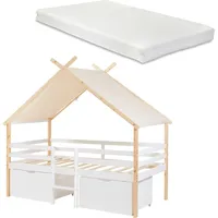 [en.casa] Hausbett Surnadal mit Matratze 90x200 cm Kiefernholz Weiß/Natur