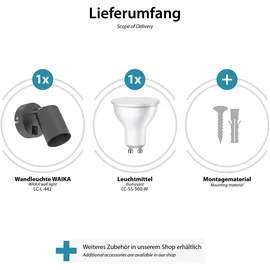 ledscom.de Wandspot WAIKA, einflammig, mit Schalter, GU10, anthrazit matt, inkl. 630lm LED GU10 Lampe, weiß