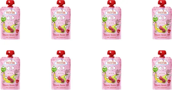 FRUCHTBAR – Bio-Fruchtpüree Himbeere, Banane, Birne mit Haferdrink 8x 100g – Ohne Zuckerzusatz – Ab 6 Monaten – Mit 5% Haferdrink