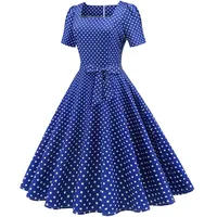 50er Rockabilly Petticoat Kleider Damen Retro Tupfen Druck Abendkleid Quadratischer Kragen Kurzarm Swing Kleid Partykleid Mit Bogen Knöpfe Ballkleid Cocktailkleid Brautjungfern Kleid - L