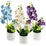 LEIMEND 3 Stück Orchideen Künstlich Kunstblumen im Topf Blauen Violetten und Weißen Künstliche Orchideen wie echt Künstliche Orchideen im Topf für Tischdekoration Wohnkultur Büro Hochzeitsfeier Dekor