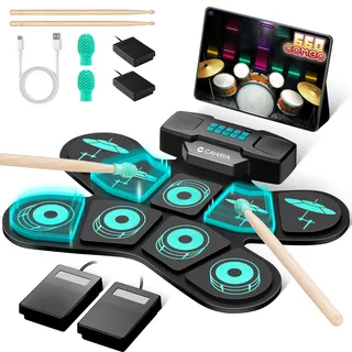 CAHAYA Elektronisches Schlagzeug für Kinder mit MIDI & Handgriff: Aufrollbar E-Drum-Set 9-Pads für Kinder Mit 2 Pedal, Stereo-Lautsprecher, Kopfhörerausgang, 10h Akkulaufzeit - CY00387-1