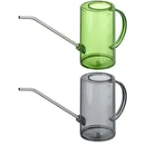 Relaxdays Gießkanne Zimmerpflanzen, 2er Set, 1 l, Kunststoff, Edelstahl, Blumengießkanne für Zimmerpflanzen, grau/grün