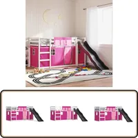 Etagenbett mit Rutsche und Gardinen Rosa 90x190 cm - Etagenbett - Hochbett - Kinderbett - Holzbett - Kiefernholz