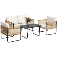 Polyrattan Gartenmöbel Set 4-teilig Lounge Sofa 2 Sessel Couchtisch Glasplatte Kissen Creme Weiß