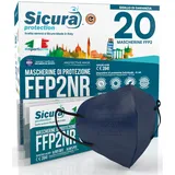 20 FFP2 Masken CE zertifiziert BLAU mit schwarzen Gummibändern SICURA Logo geprägt BFE ≥99% Made in Italy SANITIZED und einzeln versiegelt FFP2