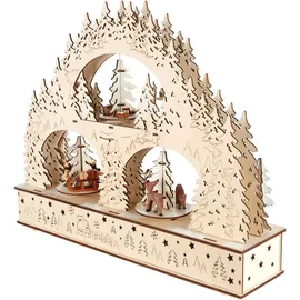 Brubaker 3D Lichterbogen - LED Schwibbogen - Winterlandschaft 2025 - Weihnachtsbeleuchtung aus Holz Natur - 37 x 46 x 10 cm - Handbemalte Figuren