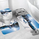 Badteppich 3 Stück Weiche saugfähige Badematten,Panoramische Winterlandschaft auf schneebedecktem Berg mit sonnigem Wetter und B,Rutschfeste Badematte Teppiche & Toilettendeckelabdeckung Set Waschbar