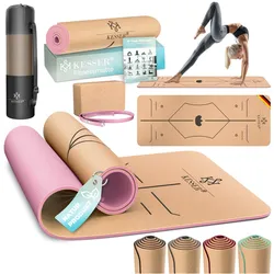 KESSER® Yogamatte Kork Inkl. Tragegurt Tasche & Yoga-Block Gymnastikmatte Yoga Matte rutschfest aus Naturkautschuk TPE Fitnessmatte, 183 x 62 Trainingsmatte für Fitness Sportmatte, Gymnastik extradick