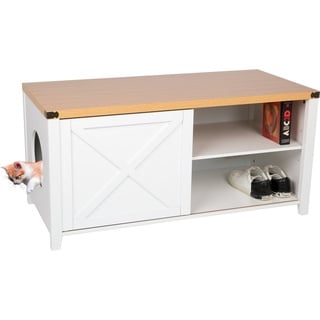 needs&wants needs&wants® Katzenschrank groß für Katzentoilette XXL aus Holz mit Schuhschrank Sitzkommode, Katzenklo-Schrank Kommode, Design Katzenhaus Toilette Klo, 110 x 50 x 53 cm, weiß braun