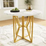Flieks Esstisch Rundtisch, 80x76 cm, Esszimmertisch mit Metallbeinen, Küchentisch Holzküchentisch für Esszimmer Wohnzimmer, Weiß+Gold - Weiß