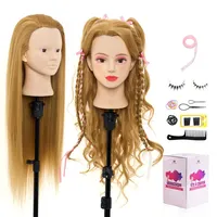 Neverland 26 inch Frisierkopf Friseur mit Ständer 60% Echthaar Haar Schminkkopf Übungskopf Friseur Trainingsköpfe Puppenkopf Friseurkopf Ausbildung Kopf Mit Halter + Hair Styling Braid Set