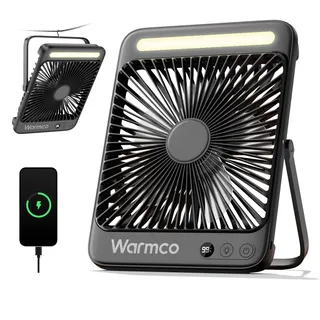 Warmco 20000mAh Akku Camping Ventilator Leise 27cm mit Lampe, 15-48 Std. Laufzeit, Ultraflach, Display, Haken, USB Tischventilator für Zelt, Outdoor, Reisen, Büro, Wohnmobil, Schlafzimmer