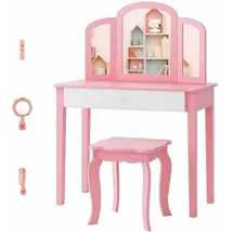 Costway Kinder 2in1 Schminktisch Set Frisiertisch mit dreifach klappbarem Spiegel Schublade und Schminkhocker Rosa - Rosa/Weiß