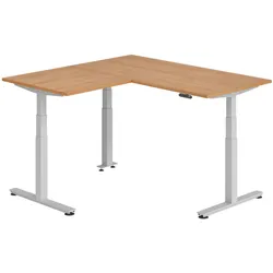 bümö Eckschreibtisch elektrisch höhenverstellbar L-Form: 160 x 160 cm in Nussbaum, Gestell silber - Stehschreibtisch mit Memory-Steuerung,