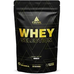 PEAK Whey Selection - 900g - Geschmack Vanilla I 30 Portionen I für Muskelaufbau I Proteinquelle: Whey Konzentrat, Isolat, Hydrolysat + freies L-Leucin I mit Laktase